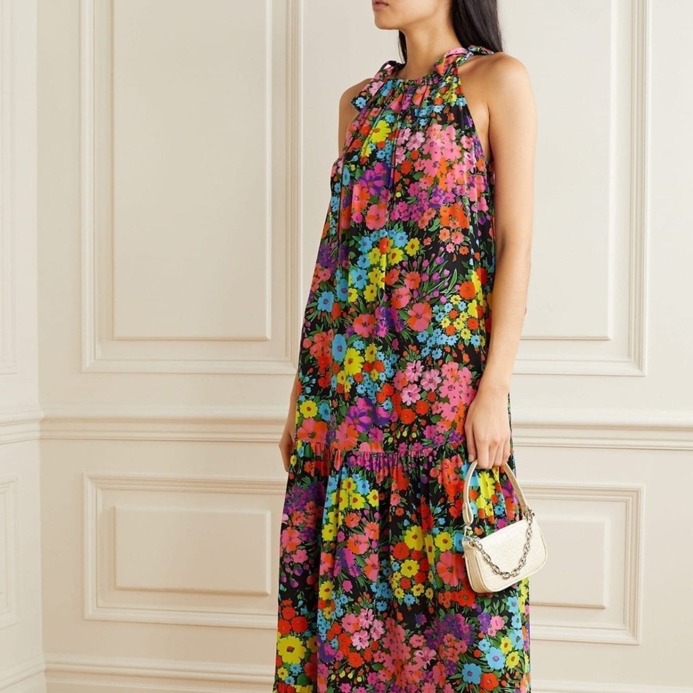 Les Reveries Tiered Ruffle Floral Print Silk Crepe de Chine Midi Dress XS
